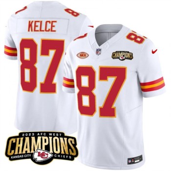 Men's Kansas City Chiefs #87 Travis Kelce White 2023 F.U.S.E. AFC West Champions With 