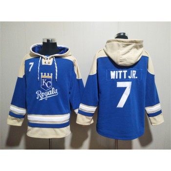 Men's Kansas City Royals #7 Bobby Witt Jr. Blue Ageless Must-Have Lace-Up Pullover Hoodie Men's Kansas City Royals #7 Bobby Witt Jr. Blue Ageless Must-Have Lace-Up Pullover Hoodie