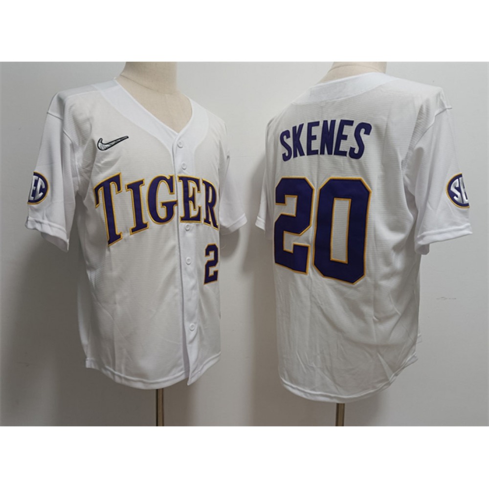 Men's LSU Tigers #20 Paul Skenes White Stitched Baseball Jersey