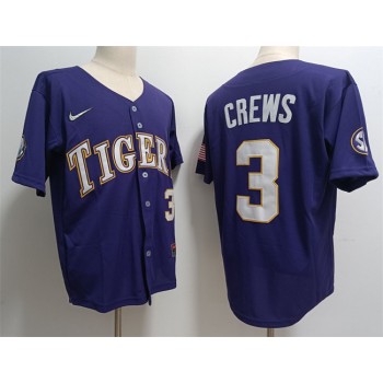 Men's LSU Tigers #3 ylan Crews Purple 2023 Stitched Baseball Jersey Men's LSU Tigers #3 ylan Crews Purple 2023 Stitched Baseball Jersey