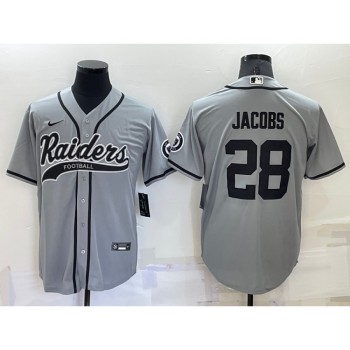 Men's Las Vegas Raiders #28 Josh Jacobs Grey Cool Base Stitched Baseball Jersey Men's Las Vegas Raiders #28 Josh Jacobs Grey Cool Base Stitched Baseball Jersey