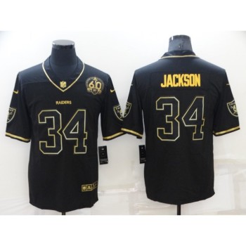 Men's Las Vegas Raiders #34 Bo Jackson Black/Gold With 60th Anniversary Patch Vapor Limited Stitched Jersey Men's Las Vegas Raiders #34 Bo Jackson Black/Gold With 60th Anniversary Patch Vapor Limited Stitched Jersey