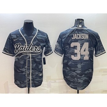 Men's Las Vegas Raiders #34 Bo Jackson Grey Camo With Patch Cool Base Stitched Baseball Jersey Men's Las Vegas Raiders #34 Bo Jackson Grey Camo With Patch Cool Base Stitched Baseball Jersey