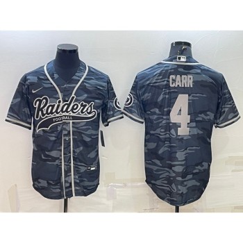 Men's Las Vegas Raiders #4 Derek Carr Grey Camo With Patch Cool Base Stitched Baseball Jersey Men's Las Vegas Raiders #4 Derek Carr Grey Camo With Patch Cool Base Stitched Baseball Jersey