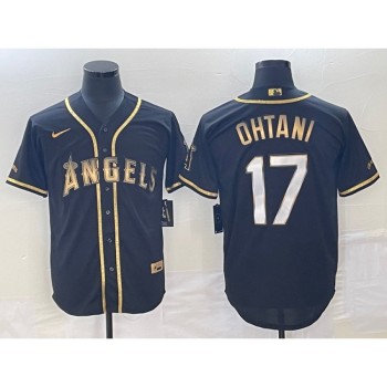 Men's Los Angeles Angels #17 Shohei Ohtani Black Gold Cool Base Stitched Baseball Jersey Men's Los Angeles Angels #17 Shohei Ohtani Black Gold Cool Base Stitched Baseball Jersey