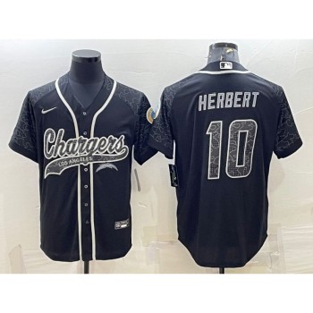 Men's Los Angeles Chargers #10 Justin Herbert Black Reflective With Patch Cool Base Stitched Baseball Jersey Men's Los Angeles Chargers #10 Justin Herbert Black Reflective With Patch Cool Base Stitched Baseball Jersey
