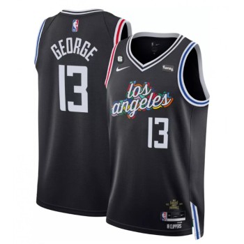 Men's Los Angeles Clippers #13 Paul George Black 2022/23 City Edition With NO.6 Patch Stitched Jersey Men's Los Angeles Clippers #13 Paul George Black 2022/23 City Edition With NO.6 Patch Stitched Jersey