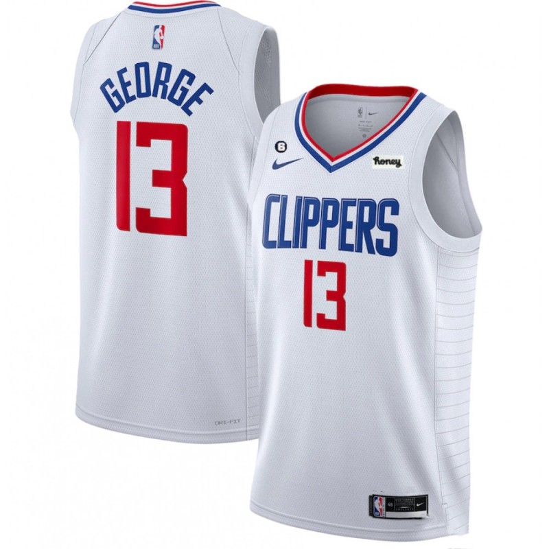 Men's Los Angeles Clippers #13 Paul George White With NO.6 Patch Stitched Jersey Men's Los Angeles Clippers #13 Paul George White With NO.6 Patch Stitched Jersey