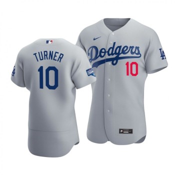 Men's Los Angeles Dodgers #10 Justin Turner 2020 Grey World Series Champions Patch Flex Base Sttiched Jersey Men's Los Angeles Dodgers #10 Justin Turner 2020 Grey World Series Champions Patch Flex Base Sttiched Jersey