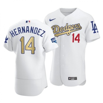 Men's Los Angeles Dodgers #14 Kike Hernandez 2021 White Gold World Series Champions Patch Sttiched Jersey Men's Los Angeles Dodgers #14 Kike Hernandez 2021 White Gold World Series Champions Patch Sttiched Jersey