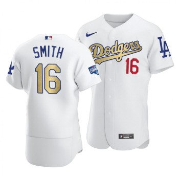 Men's Los Angeles Dodgers #16 Will Smith 2021 White Gold World Series Champions Patch Sttiched Jersey Men's Los Angeles Dodgers #16 Will Smith 2021 White Gold World Series Champions Patch Sttiched Jersey