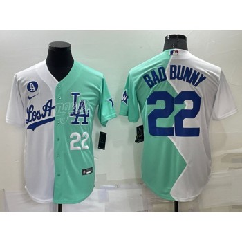 Men's Los Angeles Dodgers #22 Bad Bunny 2022 All-Star White/Green Cool Base Stitched Baseball Jersey Men's Los Angeles Dodgers #22 Bad Bunny 2022 All-Star White/Green Cool Base Stitched Baseball Jersey