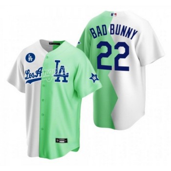 Men's Los Angeles Dodgers #22 Bad Bunny 2022 All-Star White/Green Cool Base Stitched Baseball Jersey Men's Los Angeles Dodgers #22 Bad Bunny 2022 All-Star White/Green Cool Base Stitched Baseball Jersey