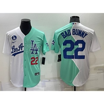 Men's Los Angeles Dodgers #22 Bad Bunny 2022 All-Star White/Green Cool Base Stitched Baseball Jersey Men's Los Angeles Dodgers #22 Bad Bunny 2022 All-Star White/Green Cool Base Stitched Baseball Jersey