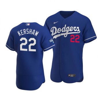 Men's Los Angeles Dodgers #22 Clayton Kershaw 2020 Royal World Series Champions Patch Flex Base Sttiched Jersey Men's Los Angeles Dodgers #22 Clayton Kershaw 2020 Royal World Series Champions Patch Flex Base Sttiched Jersey