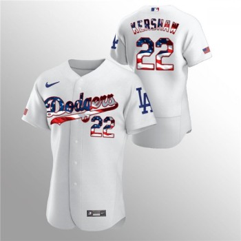 Men's Los Angeles Dodgers #22 Clayton Kershaw White 2020 Stars & Stripes Flex Base Stitched Jersey Men's Los Angeles Dodgers #22 Clayton Kershaw White 2020 Stars & Stripes Flex Base Stitched Jersey