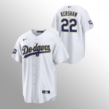 Men's Los Angeles Dodgers #22 Clayton Kershaw White Champions Patch Gold Program Cool Base Stitched Jersey Men's Los Angeles Dodgers #22 Clayton Kershaw White Champions Patch Gold Program Cool Base Stitched Jersey