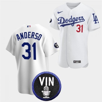Men's Los Angeles Dodgers #31 Tyler Anderson 2022 White Vin Scully Patch Cool Base Stitched Baseball Jersey Men's Los Angeles Dodgers #31 Tyler Anderson 2022 White Vin Scully Patch Cool Base Stitched Baseball Jersey
