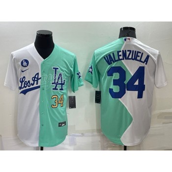 Men's Los Angeles Dodgers #34 Fernando Valenzuela 2022 All-Star White/Green Cool Base Stitched Baseball Jersey