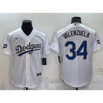 Men's Los Angeles Dodgers #34 Toro Valenzuela White Gold Championship Cool Base Stitched Jersey