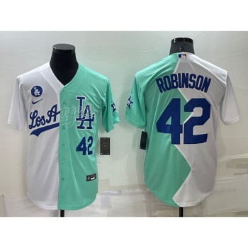 Men's Los Angeles Dodgers #42 Jackie Robinson 2022 All-Star White/Green Cool Base Stitched Baseball Jersey