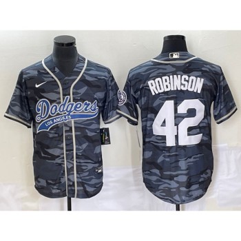 Men's Los Angeles Dodgers #42 Jackie Robinson Gray Camo Cool Base With Patch Stitched Baseball Jersey