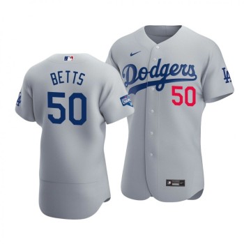 Men's Los Angeles Dodgers #50 Mookie Betts 2020 Grey World Series Champions Patch Flex Base Sttiched Jersey Men's Los Angeles Dodgers #50 Mookie Betts 2020 Grey World Series Champions Patch Flex Base Sttiched Jersey
