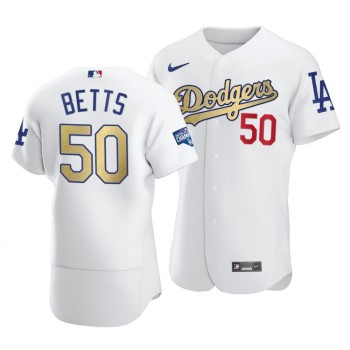Men's Los Angeles Dodgers #50 Mookie Betts 2020 White Gold World Series Champions Patch Sttiched Jersey Men's Los Angeles Dodgers #50 Mookie Betts 2020 White Gold World Series Champions Patch Sttiched Jersey