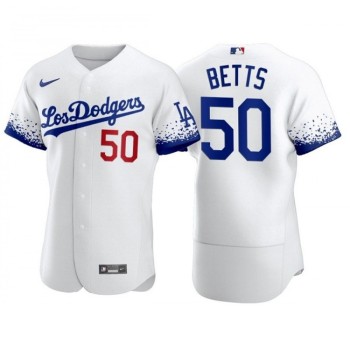 Men's Los Angeles Dodgers #50 Mookie Betts 2021 White City Connect Flex Base Stitched Baseball Jersey Men's Los Angeles Dodgers #50 Mookie Betts 2021 White City Connect Flex Base Stitched Baseball Jersey