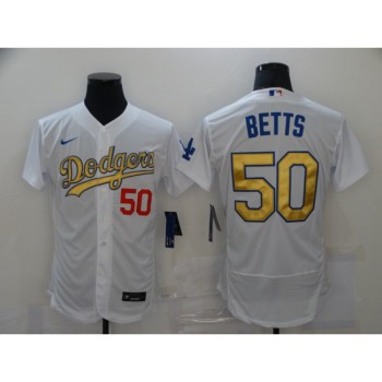 Men's Los Angeles Dodgers #50 Mookie Betts 2021 White Gold Sttiched Jersey Men's Los Angeles Dodgers #50 Mookie Betts 2021 White Gold Sttiched Jersey