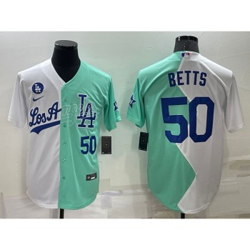Men's Los Angeles Dodgers #50 Mookie Betts 2022 All-Star White/Green Cool Base Stitched Baseball Jersey Men's Los Angeles Dodgers #50 Mookie Betts 2022 All-Star White/Green Cool Base Stitched Baseball Jersey