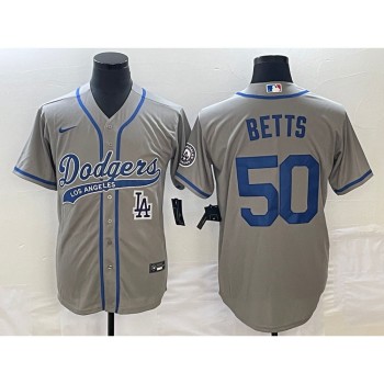 Men's Los Angeles Dodgers #50 Mookie Betts Gray With Patch Cool Base Stitched Baseball Jersey Men's Los Angeles Dodgers #50 Mookie Betts Gray With Patch Cool Base Stitched Baseball Jersey