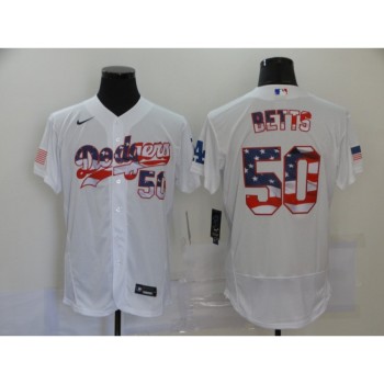 Men's Los Angeles Dodgers #50 Mookie Betts White 2020 Stars & Stripes Flex Base Stitched Jersey Men's Los Angeles Dodgers #50 Mookie Betts White 2020 Stars & Stripes Flex Base Stitched Jersey