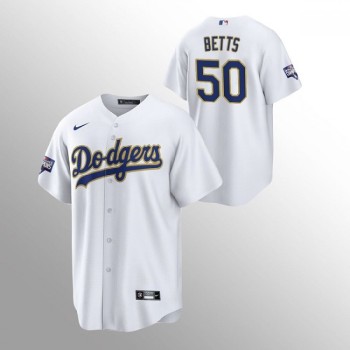 Men's Los Angeles Dodgers #50 Mookie Betts White Champions Patch Gold Program Cool Base Stitched Jersey Men's Los Angeles Dodgers #50 Mookie Betts White Champions Patch Gold Program Cool Base Stitched Jersey