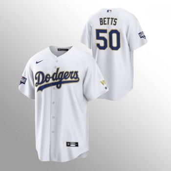 Men's Los Angeles Dodgers #50 Mookie Betts White Gold Championship Cool Base Stitched Jersey Men's Los Angeles Dodgers #50 Mookie Betts White Gold Championship Cool Base Stitched Jersey