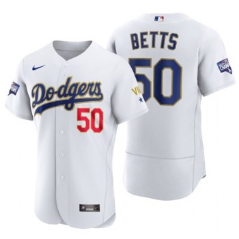 Men's Los Angeles Dodgers #50 Mookie Betts White Gold Championship Flex Base Sttiched MLB Jersey Men's Los Angeles Dodgers #50 Mookie Betts White Gold Championship Flex Base Sttiched MLB Jersey