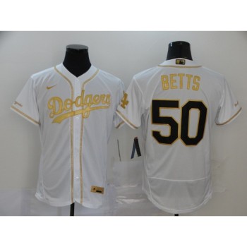 Men's Los Angeles Dodgers #50 Mookie Betts White Golden Flex Base Stitched MLB Jersey Men's Los Angeles Dodgers #50 Mookie Betts White Golden Flex Base Stitched MLB Jersey