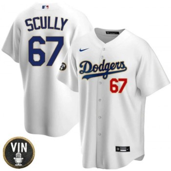 Men's Los Angeles Dodgers #67 Vin Scully 2022 White Vin Scully Patch Cool Base Stitched Baseball Jersey Men's Los Angeles Dodgers #67 Vin Scully 2022 White Vin Scully Patch Cool Base Stitched Baseball Jersey