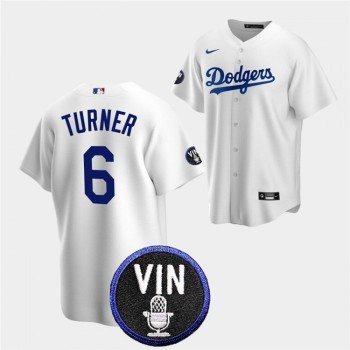 Men's Los Angeles Dodgers #6 Trea Turner 2022 White Vin Scully Patch Cool Base Stitched Baseball Jersey Men's Los Angeles Dodgers #6 Trea Turner 2022 White Vin Scully Patch Cool Base Stitched Baseball Jersey