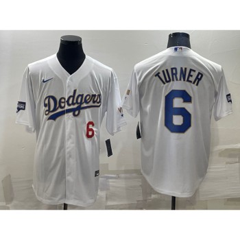 Men's Los Angeles Dodgers #6 Trea Turner White Gold Championship Cool Base Stitched Baseball Jersey Men's Los Angeles Dodgers #6 Trea Turner White Gold Championship Cool Base Stitched Baseball Jersey