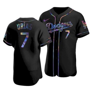 Men's Los Angeles Dodgers #7 Julio Urias 2021 Black iridescent Logo Flex Base Stitched Baseball Jersey Men's Los Angeles Dodgers #7 Julio Urias 2021 Black iridescent Logo Flex Base Stitched Baseball Jersey