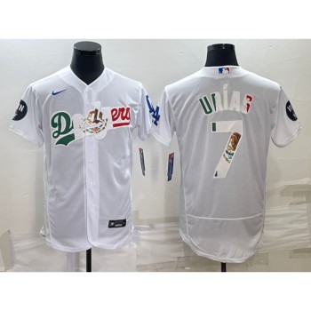 Men's Los Angeles Dodgers #7 Julio Urias White With Vin Scully Patch Flex Base Stitched Baseball Jersey Men's Los Angeles Dodgers #7 Julio Urias White With Vin Scully Patch Flex Base Stitched Baseball Jersey