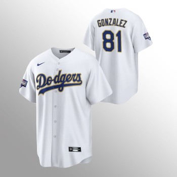 Men's Los Angeles Dodgers #81 Victor Gonzalez White Champions Patch Gold Program Cool Base Stitched Jersey Men's Los Angeles Dodgers #81 Victor Gonzalez White Champions Patch Gold Program Cool Base Stitched Jersey