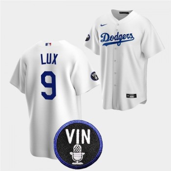 Men's Los Angeles Dodgers #9 Gavin Lux 2022 White Vin Scully Patch Cool Base Stitched Baseball Jersey Men's Los Angeles Dodgers #9 Gavin Lux 2022 White Vin Scully Patch Cool Base Stitched Baseball Jersey