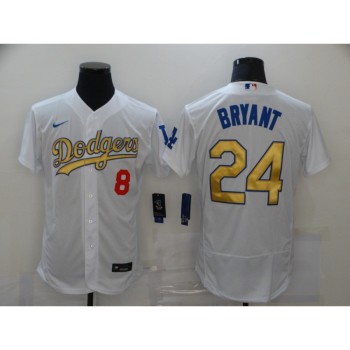 Men's Los Angeles Dodgers Front #8 Back #24 Kobe Bryant 2021 White Gold Sttiched Jersey