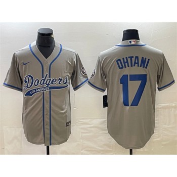 Men's Los Angeles Dodgers #17 Shohei Ohtani Grey Cool Base With Patch Stitched Baseball Jersey Men's Los Angeles Dodgers #17 Shohei Ohtani Grey Cool Base With Patch Stitched Baseball Jersey