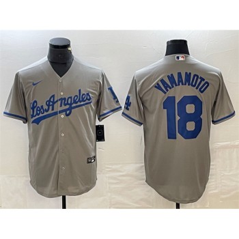 Men's Los Angeles Dodgers #18 Yoshinobu Yamamoto Grey Cool Base With Patch Stitched Baseball Jersey Men's Los Angeles Dodgers #18 Yoshinobu Yamamoto Grey Cool Base With Patch Stitched Baseball Jersey
