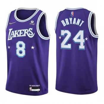 Men's Los Angeles Lakers Front #8 Back #24 Kobe Bryant 75th Anniversary 2021/22 City Edition Purple Stitched Jersey Men's Los Angeles Lakers Front #8 Back #24 Kobe Bryant 75th Anniversary 2021/22 City Edition Purple Stitched Jersey
