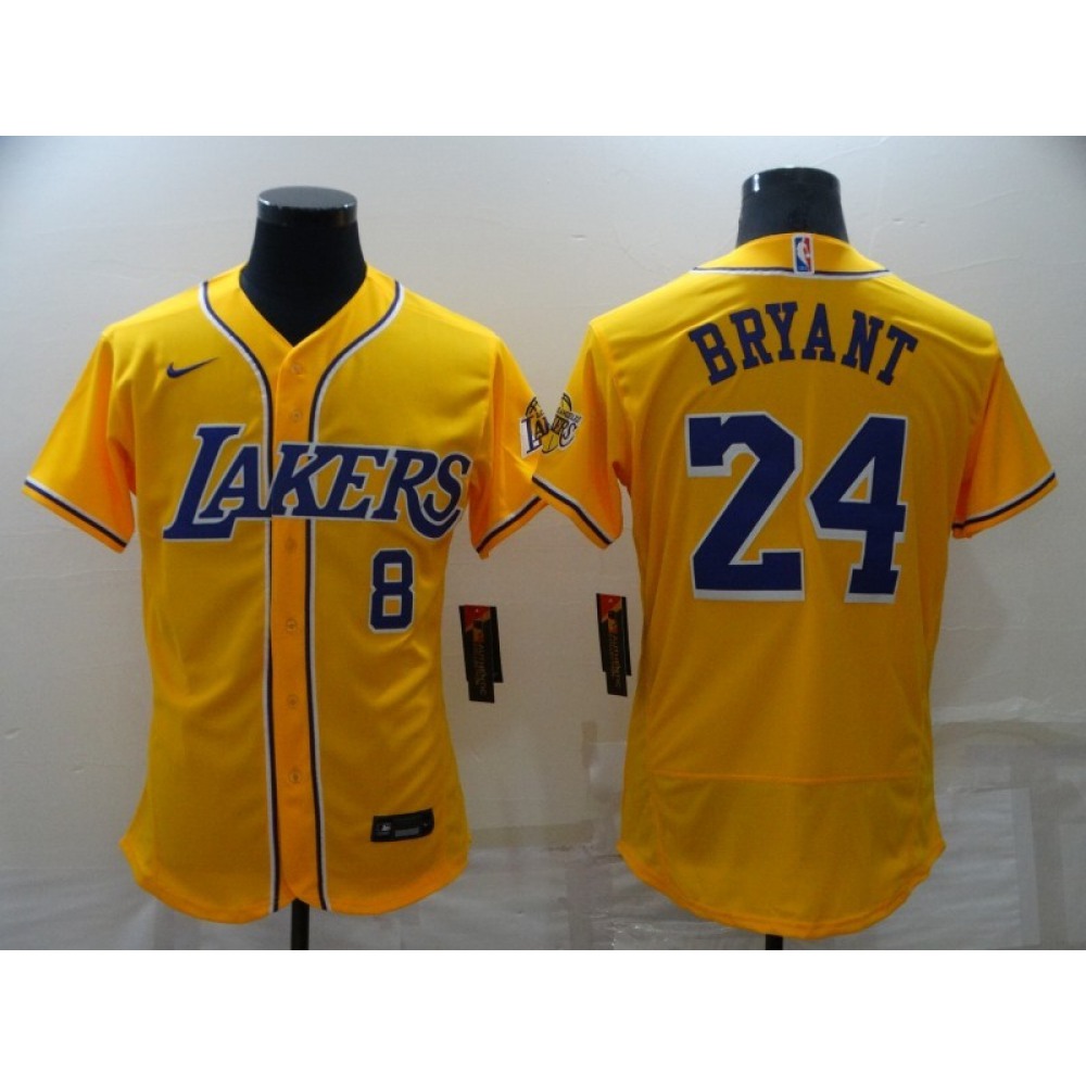 Men's Los Angeles Lakers Front #8 Back #24 Kobe Bryant Yellow Cool Base Stitched Baseball Jersey