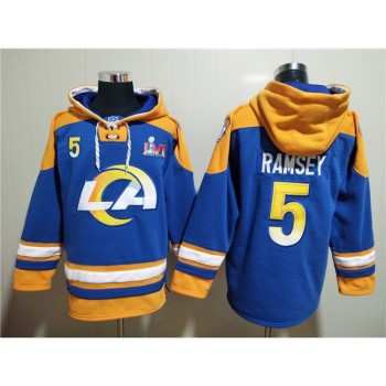 Men's Los Angeles Rams #5 Jalen Ramsey 2022 Royal Super Bowl LVI Champions Pullover Hoodie Men's Los Angeles Rams #5 Jalen Ramsey 2022 Royal Super Bowl LVI Champions Pullover Hoodie